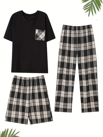 3-Piece Men's Plaid Pajama Set - Short Sleeve Shirt + Pants + Shorts | All-Season Comfort Sleepwear