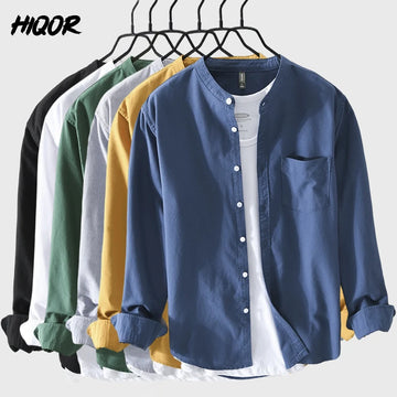 HIQOR Men's Shirt 100% Cotton All-match Long Sleeve Tops 2025 Spring Summer Solid Color Shirts Man Casual Blouses Streetwear Men