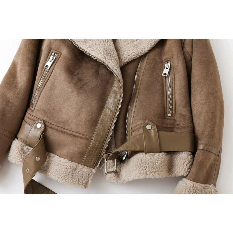 Women Winter Faux Shearling Sheepskin Fake Leather Jackets Lady Thick Warm Suede Lambs Short Motorcycle Brown Coats Leather