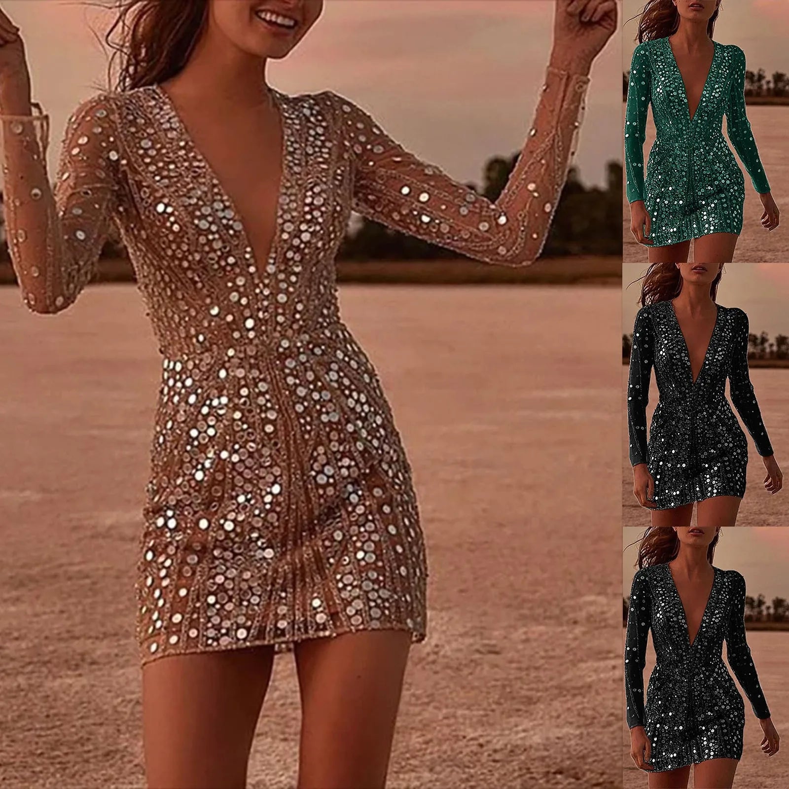 Femmes Sexy Glitter Robe Elegant Deep V Neck Sequin Mini Bodycon Robe Spring à manches longues Club de fête