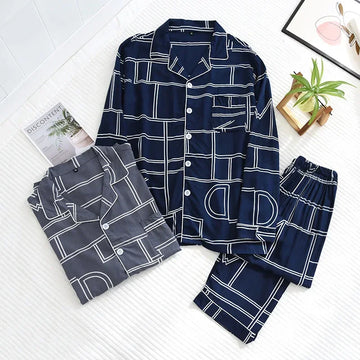Spring and summer new men's pajamas long-sleeved trousers two-piece set 100% viscose thin homewear set cardigan large size sleep