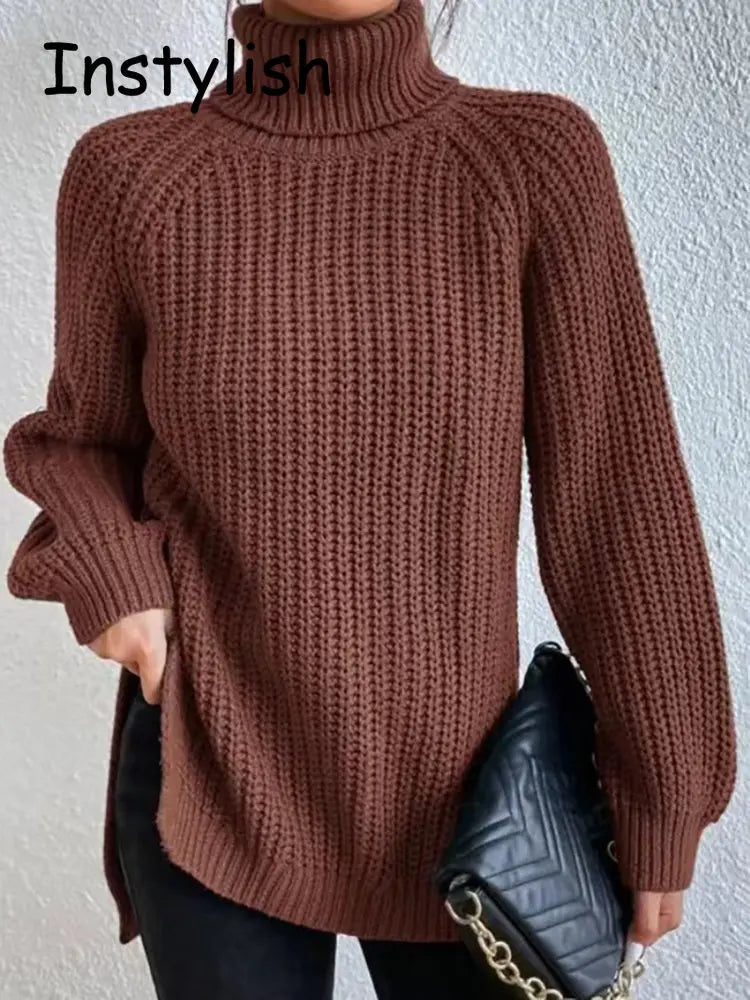 Women Winter Turtleneck Loose Sweater Elegant Drop Sleeve Side Split Pullover Vintage Harajuku Chic Jumpers Oversized knit Tops