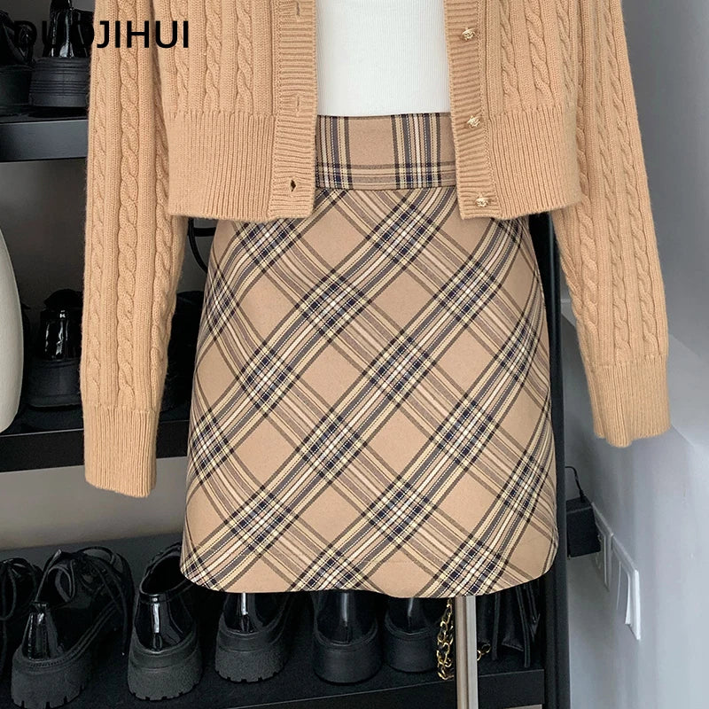 DUOJIHUI Classic Plaid Chicly A-line Female Mini Skirts New Basic Simple High Waist Slim Casual Spellcolor Fashion Women Skirts