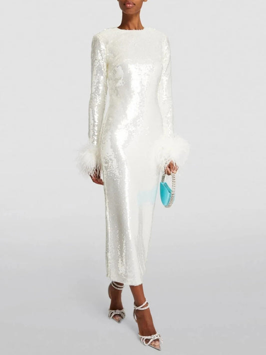 Modphy 2024 Women O Neck Long Sleeve Luxury Sequin Feather Bodycon Dress White Elegant Skinny Dress Celebrity Evening Party