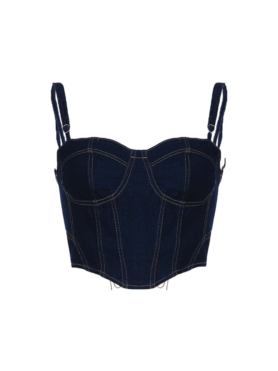 Camisole de denim féminin, bretelles spaghetti lacing slim fit tops pour le club de fête