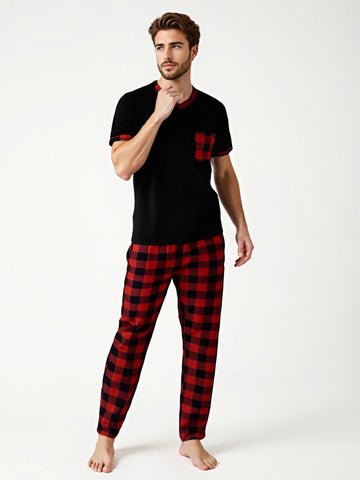 Mens Pajama Sets Short Sleeve Plaid Pajamas for Men Pjs Set Soft Lounge Pants Sleepwear Pj Pants with Pockets Drawstring