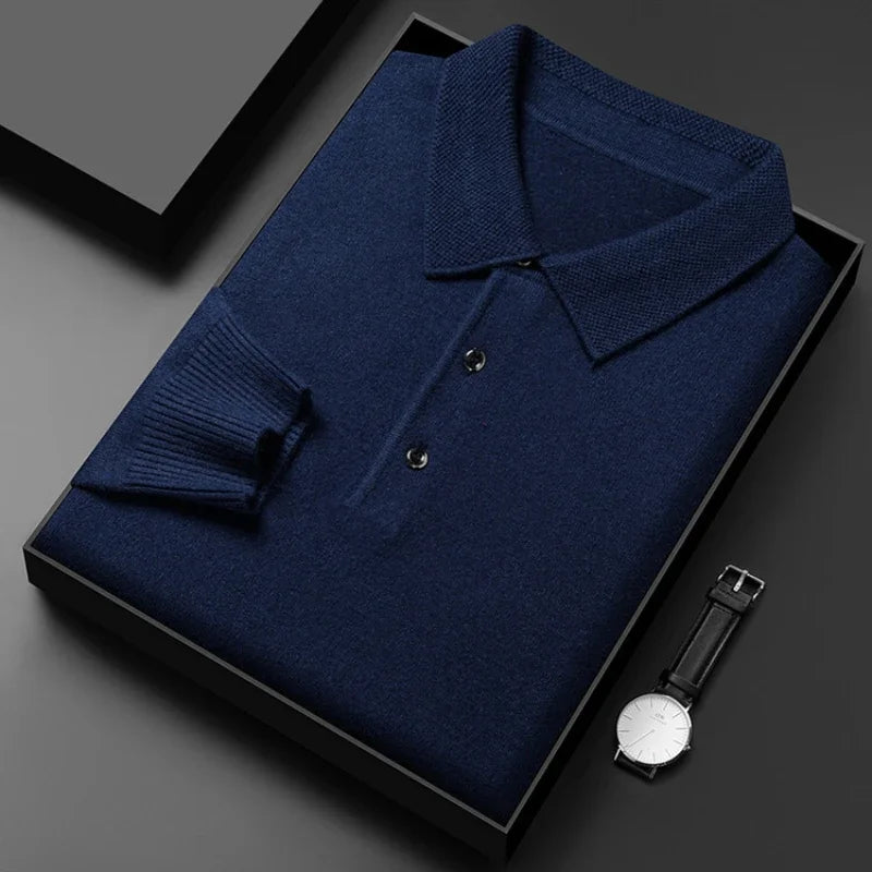 Autumn and Winter New Warm Soft Pullover Men's Business Lapel Knitwear Casual Solid Color Long Sleeve Polo Shirt Office