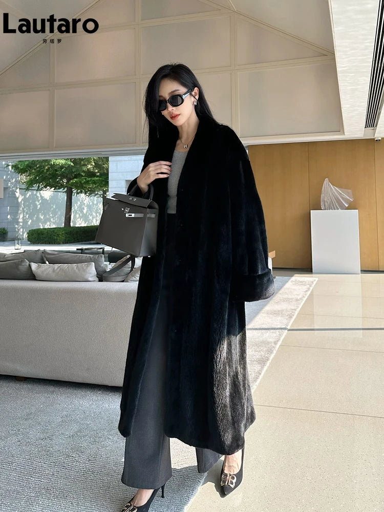 Lautaro Autumn Winter Long Luxury Elegant Chic Soft Thick Warm Brown Hairy Faux Mink Fur Coat Women V Neck Fluffy Overcoat 2024