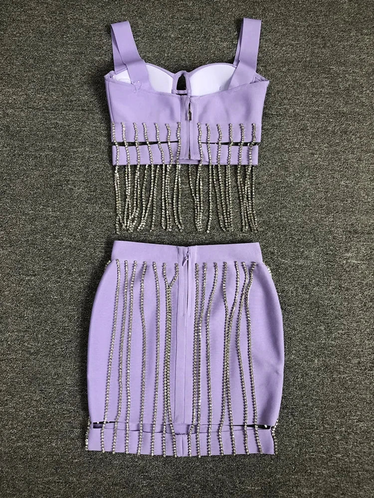 Women Summer Sexy Square Collar Purple Diamonds Sparkly Bodycon Bandage Skirt Set 2024 Knitted Elegant Evening Club Party Dress