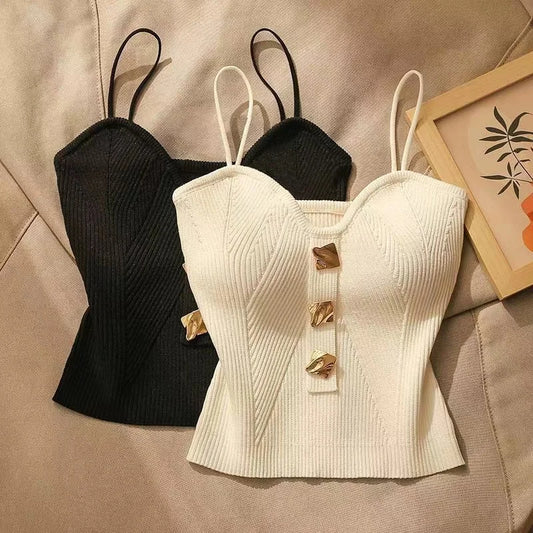 2024 New Summer French Style Cross-knit Suspender Women Summer Wear Sexy Beauty Camisole Black Slim High-end Bottom Bandeau Top