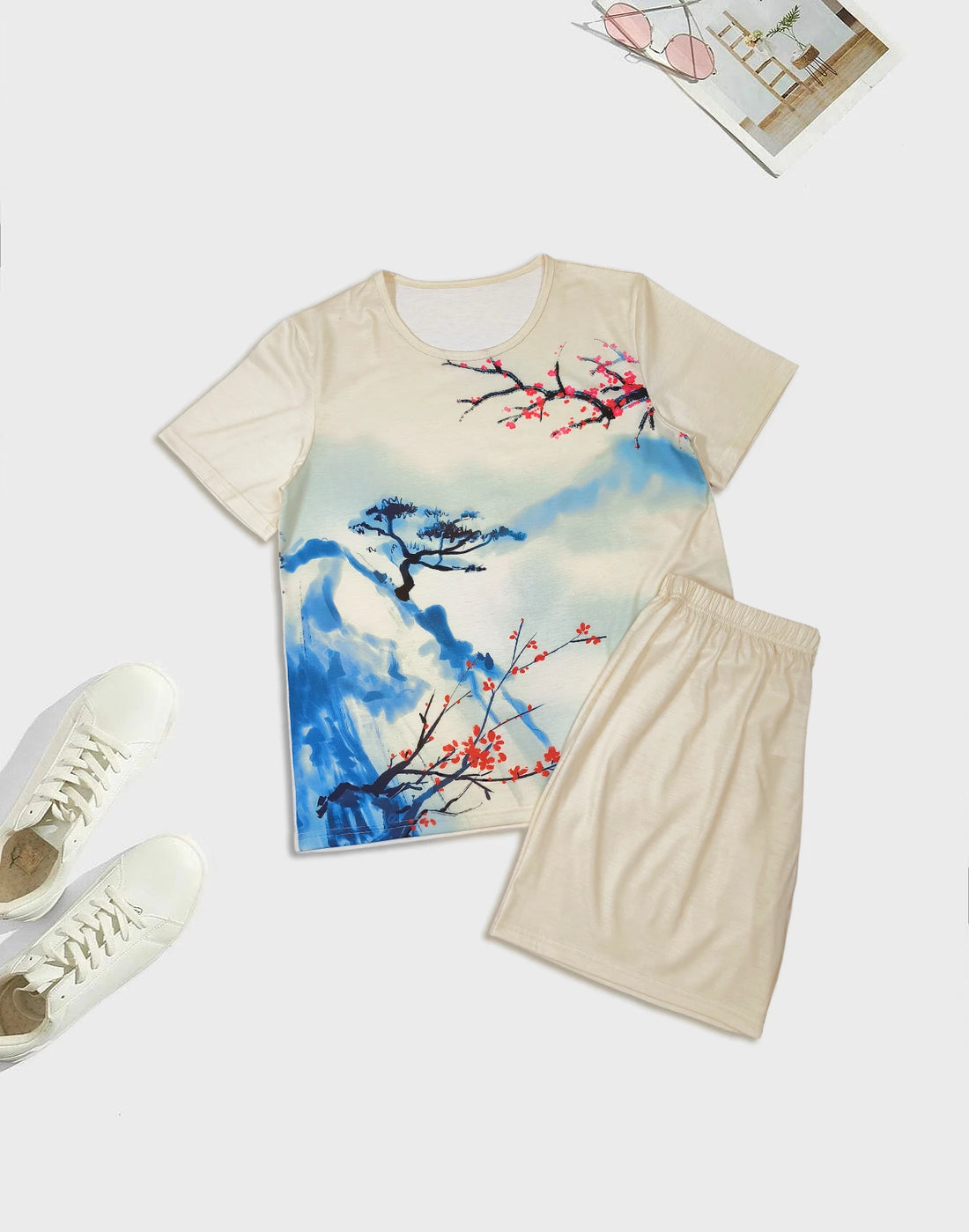 Four Seasons New Men's Pajamas Fashion Home Clothing Leaf Landscape Pattern Printed Short sleeved Shorts Two piece Set for Men