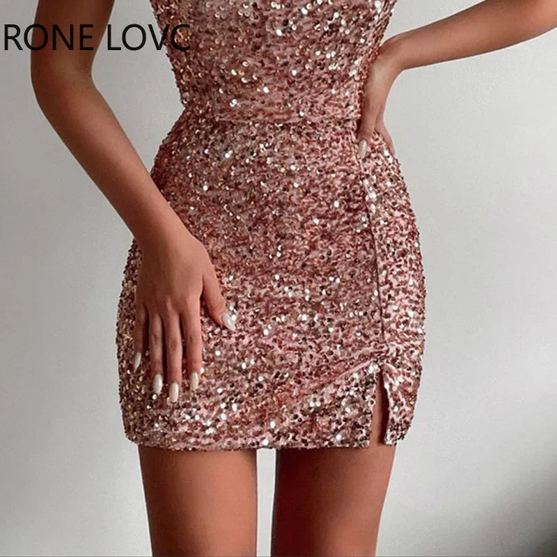 Women Sexy Elegant Sequins Cami Spaghetti Strap Small Silt Mini Bodycon Sexy Party Dress