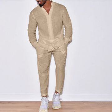 Autumn men's new fashion solid color suit cotton cardigan lapel long sleeve pants suit