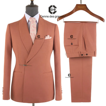 Cenne Des Graoom 2025 New Elegant Orange Men's Suits Metal Side Release Buckle 2 Pieces Set High Quality Wedding Party Dinner