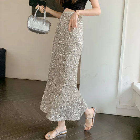New Heavy Industry Sequins Fish Tail Skirt for Spring/summer 2024 Luxury Sexy High Waisted Slimming Hip Pack Long Mermaid Skirt