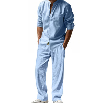 2025 Cross-border American Four Seasons Linen Men's Casual Relaxed Breathable Long Sleeve Pants Shirt Beach Suit