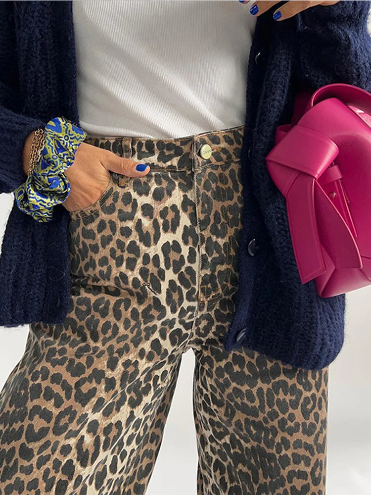 2024 Fashion Leopard Print Wide Leg Pants Women Chic Glitter High Waist Elastic Lace Up Loose Long Pants Casual High Street Wear