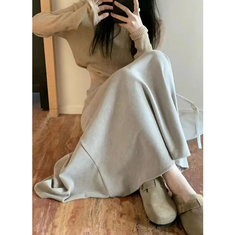 Lucyever Vintage Gray Knitted Midi Skirts Women 2023 New High Waist Slimming A-Line Skirt Woman Elegant Solid Droop Long Skirts