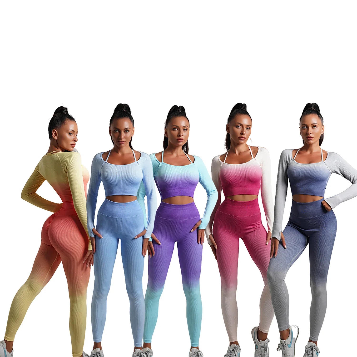 Seamless Gradienten-Yoga-Sets Sportfitness hohe Taille-Hüft-Hose-Hosen langärmelige Anzüge Training Fitnessstudio-Leggings für Frauen