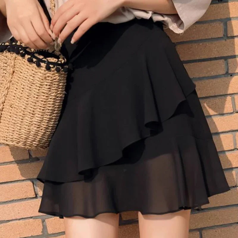 Womens Skirt Ruffle Skirts for Women Black Beach Clothing Chiffon Fashion Premium Luxury A Line Summer 2024 New in Korean Style