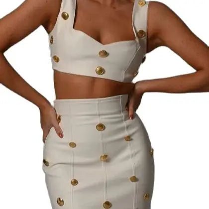 2023 New Summer Beige Color Golden Buttons Short Tank Top And Mini Skirt Set 2 Pieces Hotsweet Woman Evening Party Outfit