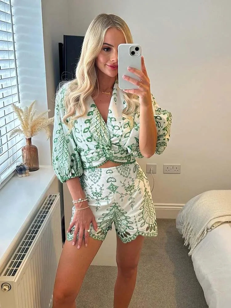 Summer new fashion embroidered blouses ladies shorts 2 suit dress