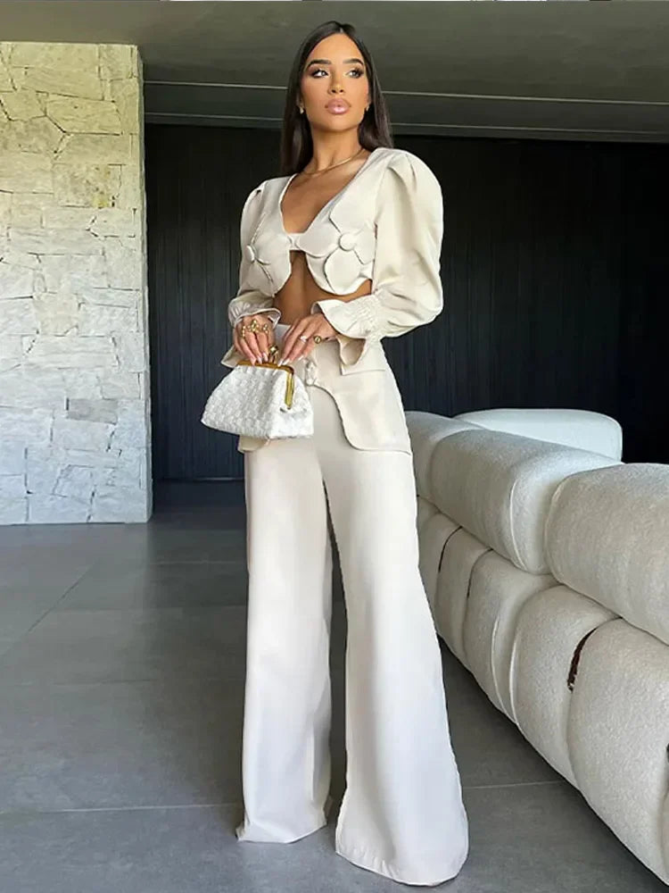 Sexy Flare Sleeve Blouse & Trouser Set Women Chic V Neck Backless Crop Top High Waist Wide Leg Pants Suit 2024 Spring Outfits