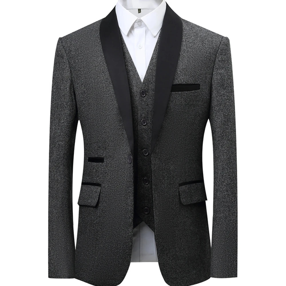 Elegant 3pcs Celebrity Suits With Black Lapel Trim, Perfect For Proms & Gala Events Tuxedo, Casual On Duty Set, Plus Size Groom