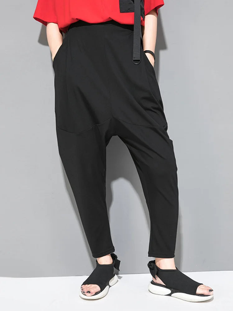 [EAM] High Elastic Waist Black Pockets Thin Harem Pants New Loose Fit Trousers Women Fashion Tide Spring Summer 2024 1DF4728