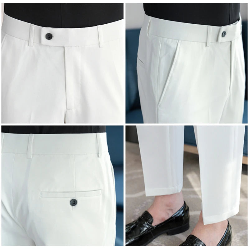 Stretch Solid Color Men's Trousers, Suitable for Business Casual, Parties, Formal Events, and Ankle-length Slim Pants.28-40