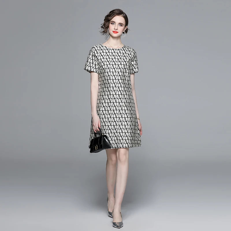 2024 New Fashion Geometry Jacquard Short Sleeve Summer Dress Chic Elegant Temperament  A-line Round Neck Dress Women Vestidos