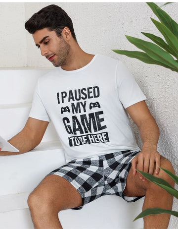 Men's Casual Plaid Print Pajama Set Short Sleeve Crew Neck Tee And Elastic Shorts Trendy Sleepwear Loungewear Summer Comfy Pjs