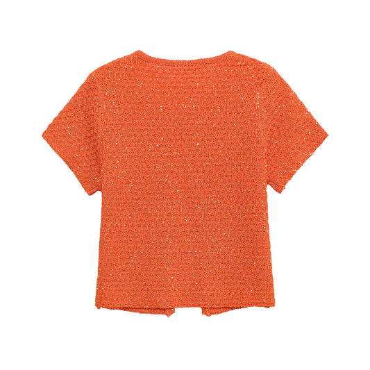 TRAFSHE Women's Fashion Summer Orange Knitwear Short Sleeve O-Neck One Button Sweater Top Knit Sequins Cardigan Women 9598092