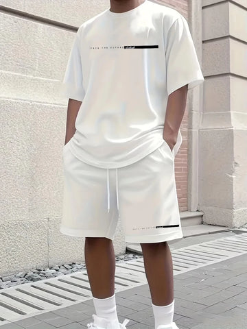 Summer Men's 100% Cotton Casual Loose Version Large Letter Printed T-Shirt Shorts Two-piece Set High Street Neutral Style