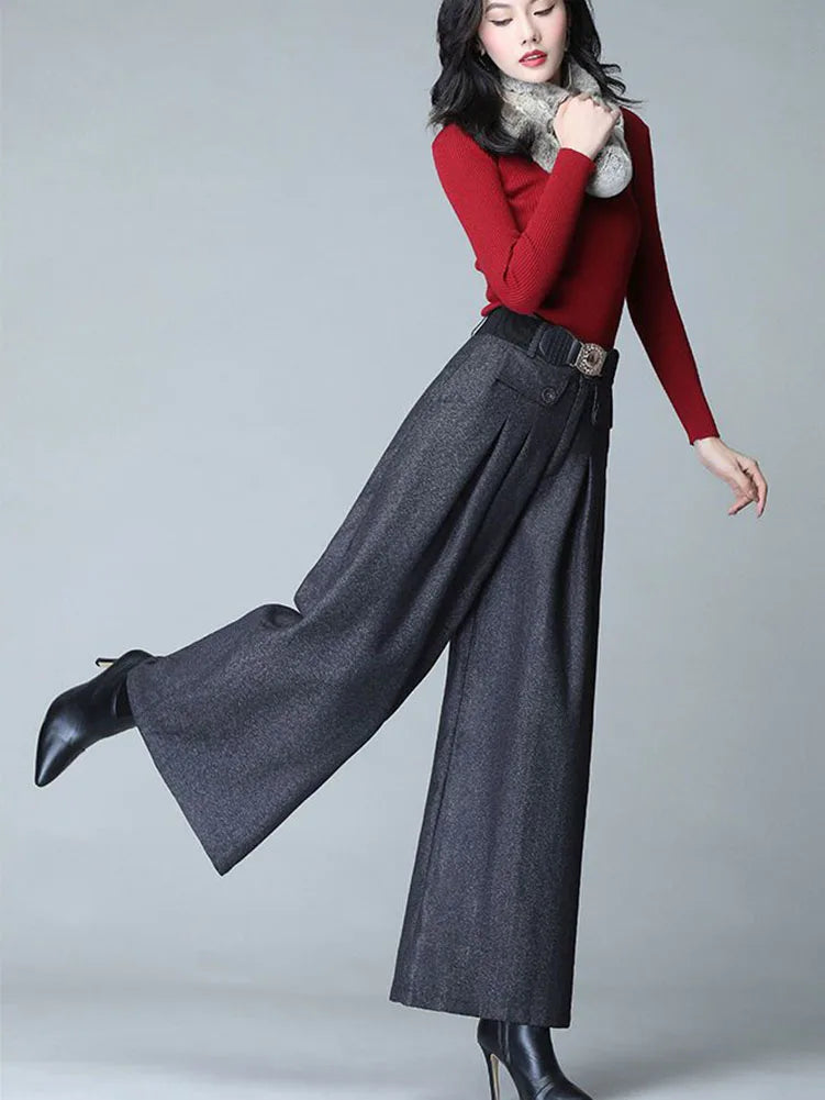 Autumn Winter Woolen Blend Culotte Elegant High Waist Belt Wide Leg Pants Women Baggy Korean Fashion Pantalones Oversize Trouser