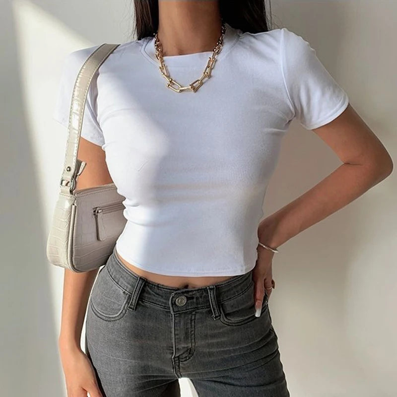 Short Sleeve T-Shirt Women Solid Simple Casual Soft All-Match Basic Crop Tops Tees Summer Fashion Skinny Tops Black White