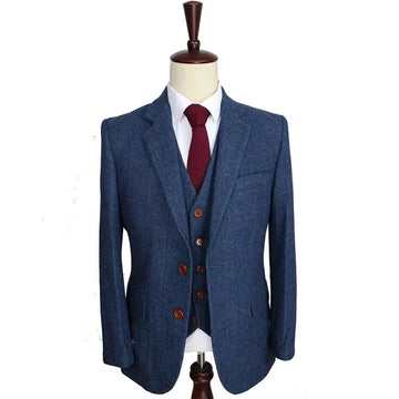 Wool Blue Herringbone Retro Gentleman Style Custom Made Men's Suits Tailor Suit Blazer Suits For Men 3 piece (Jacket+Pants+Vest)