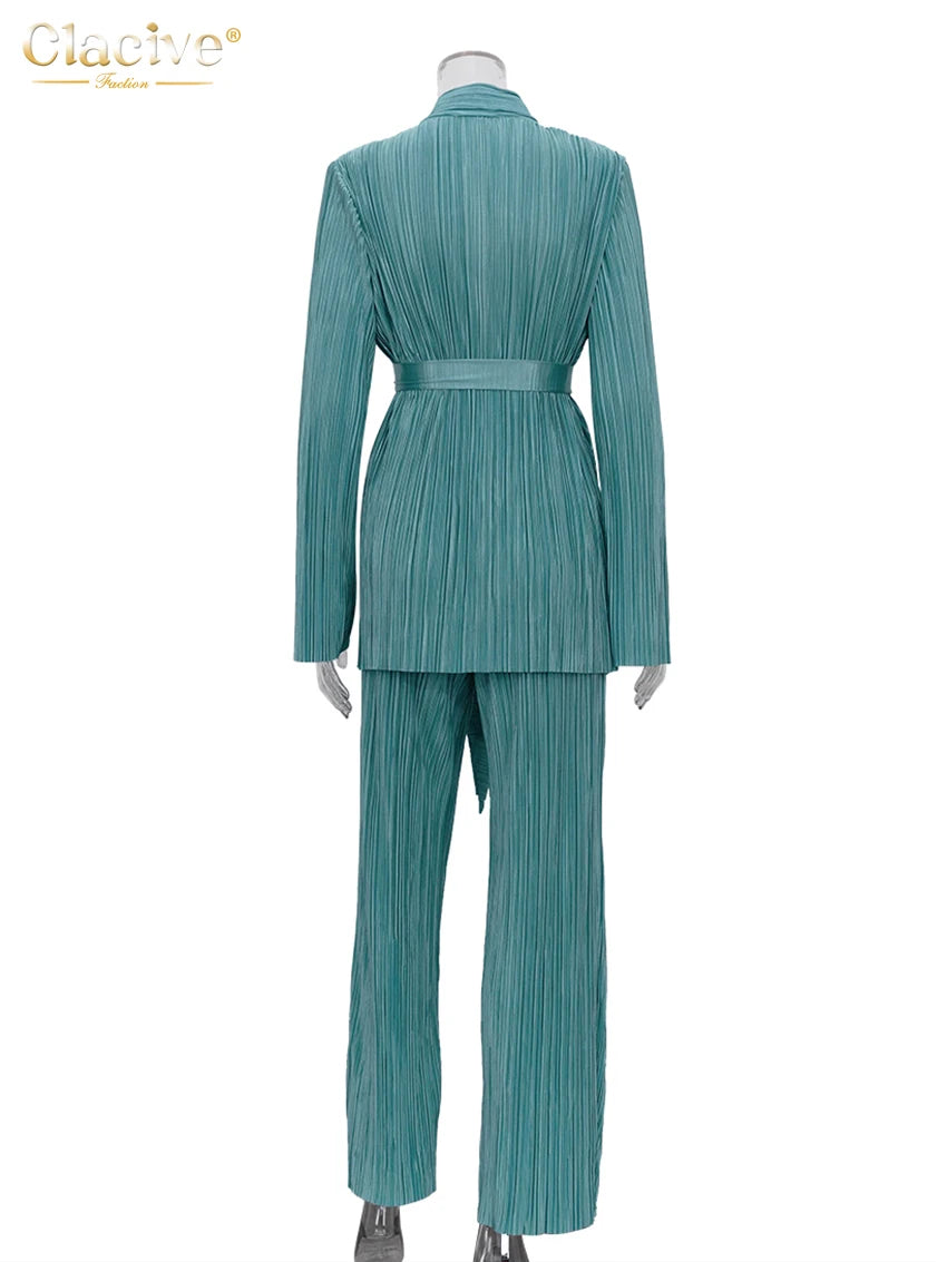 Clacive Autumn Green Pleated Pants Set Bodycon Slit Trosuer Suits Fashion Lace-Up Long Sleeve Blazer 2 Piece Sets Womens Outfits