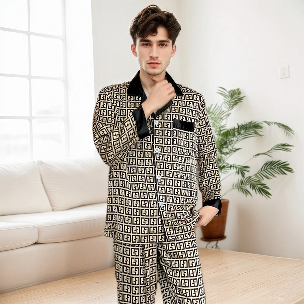 Luxury Men's Casual 2Pcs Pajama Set Comfy Soft Long Sleeve Tops And Pants With Print For Summer Satin Sleepwear Loungewear Pjs