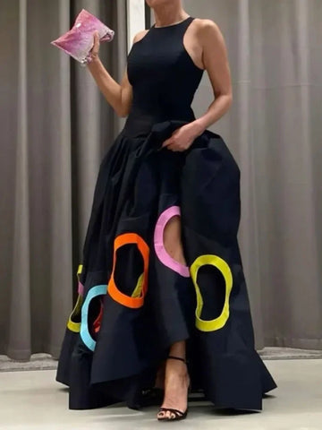 New Summer Women Elegant Party Evening Maxi Dresses Fashion Rainbow Printed Hollow High Waist A-line Long Dress