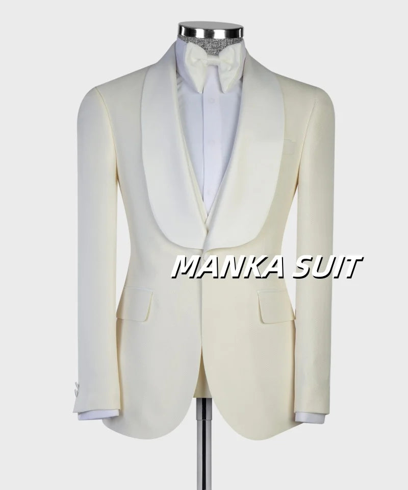 Trajes para hombre Shawl Lapel Single Breasted Beige Men's Suits Tuxedo 3 pieces Blazer Vest Pants Formal White Suits for Men