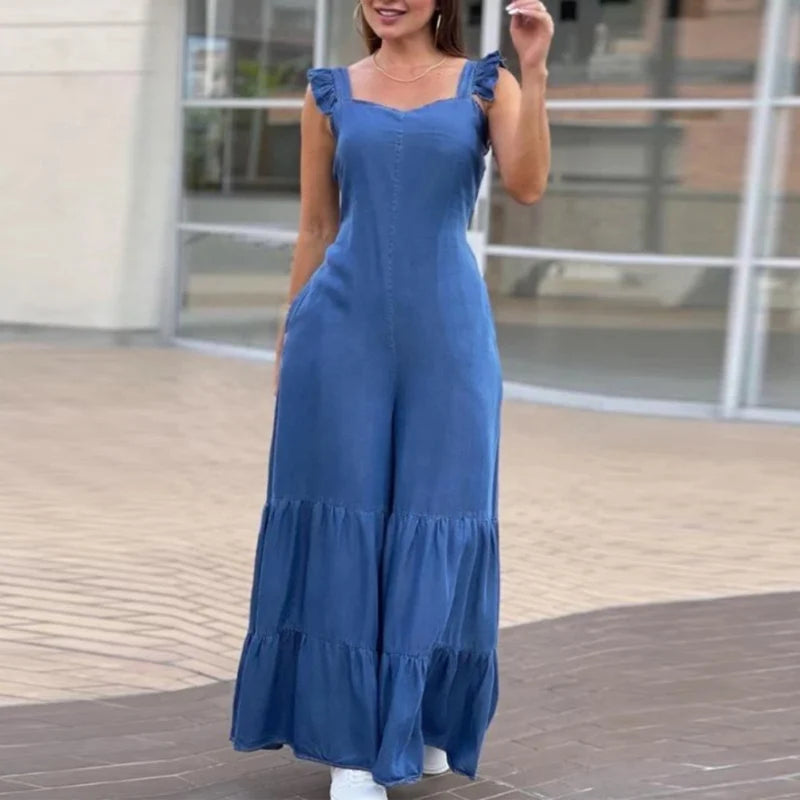 Women Solid Imitation Denim Jumpsuits Spring V Neck High Waist Straight Playsuits Summer Backless Wide Leg Pleated Pants Rompers