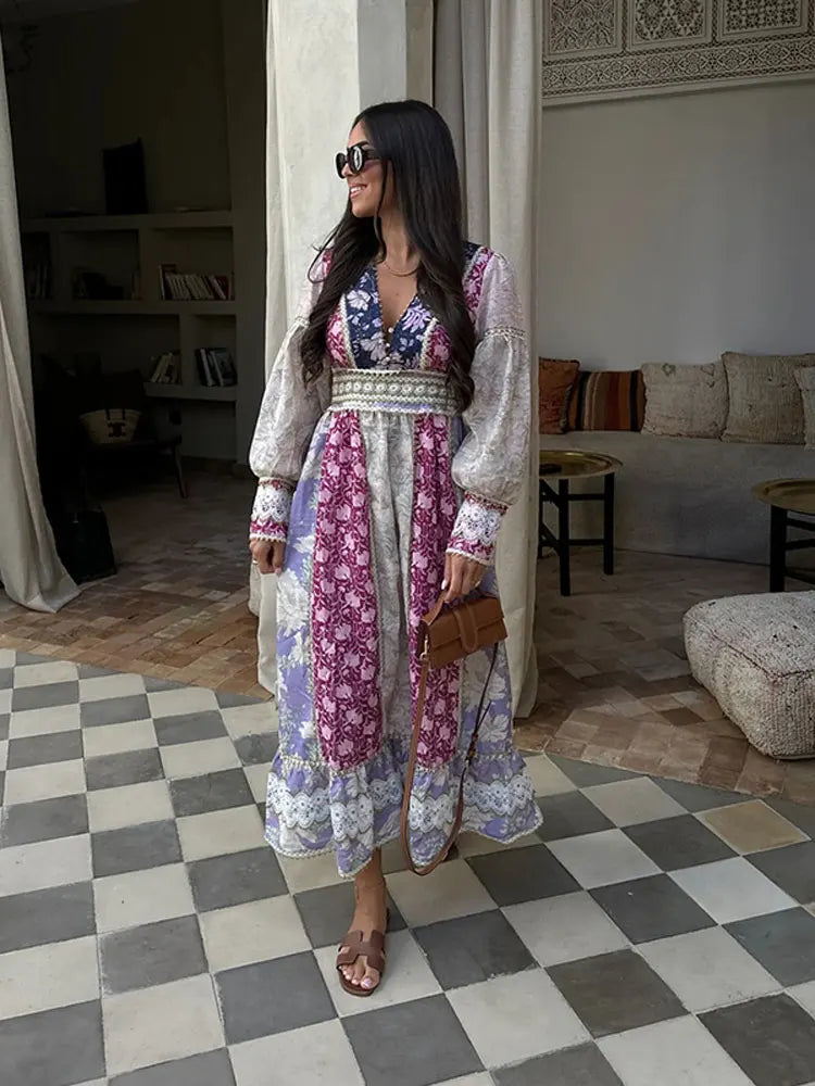 Fashion Patchwork Print Maxi Robe Femme Long Manche V V Vestidos High Vesttidos 2024 Femme Vacation Party Club Robes