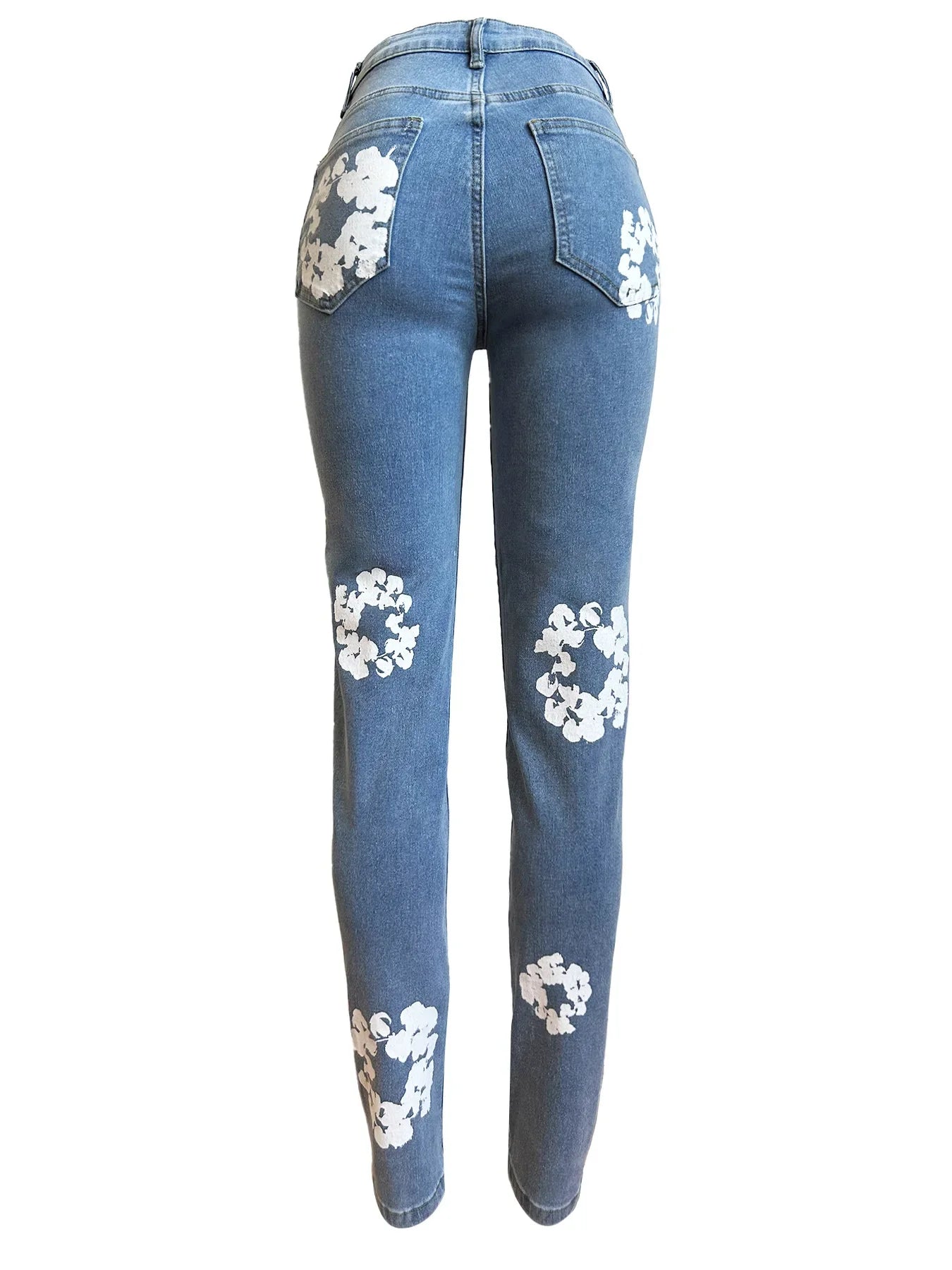 Floral Printed Women Jeans Zipper Fly High Waist Denim Pants 2024 Spring New Popular High Street Trousers Stretchy Bottom Pants