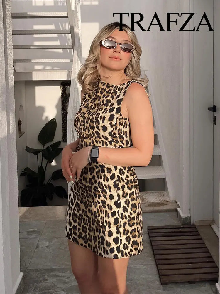 Trafza Sommer Chic Leopard Print sexy Frauen Mini Kleid Retro Runde Neck ärmelloses Reißverschluss Frauenparty Kleid Y2K