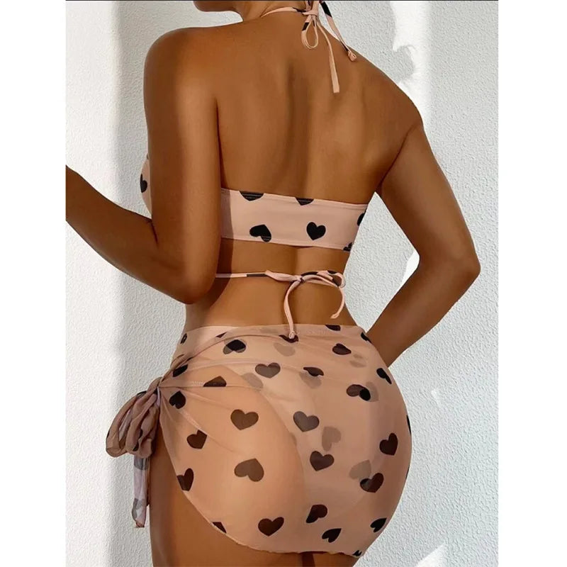 Women 3pack Heart Print Bikini Sets With Skirt Bandeau Swimsuit Thong Swimwear Beach Cover-Up Push Up Biquinis 2024 Bathing Suit