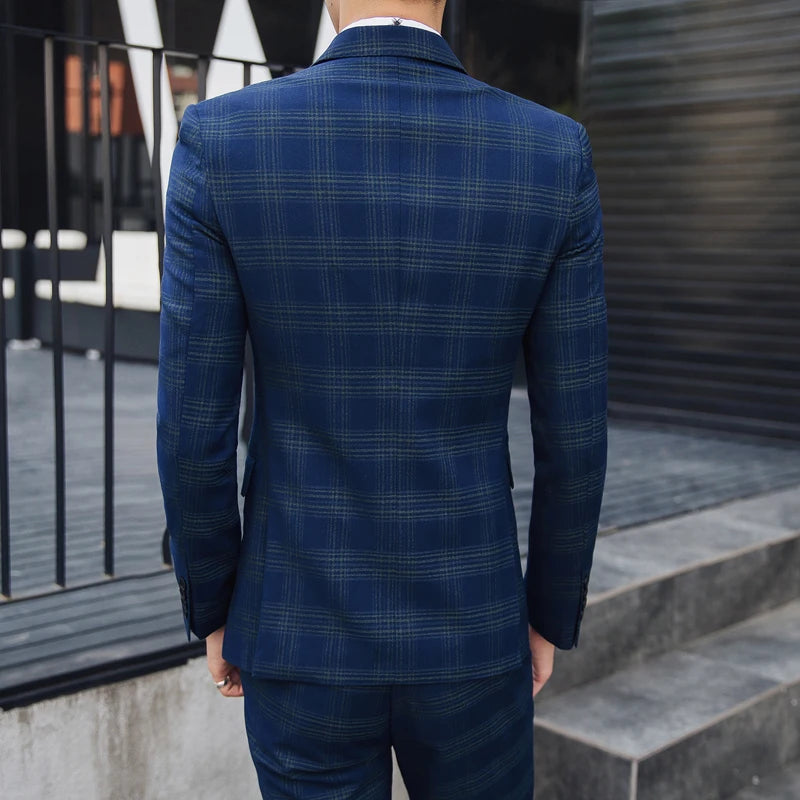 Men's Double-Breasted Plaid Suit Set 2025 Spring Thin Wedding Attire with Vest And Trousers Handsome Three-Piece Ensemble