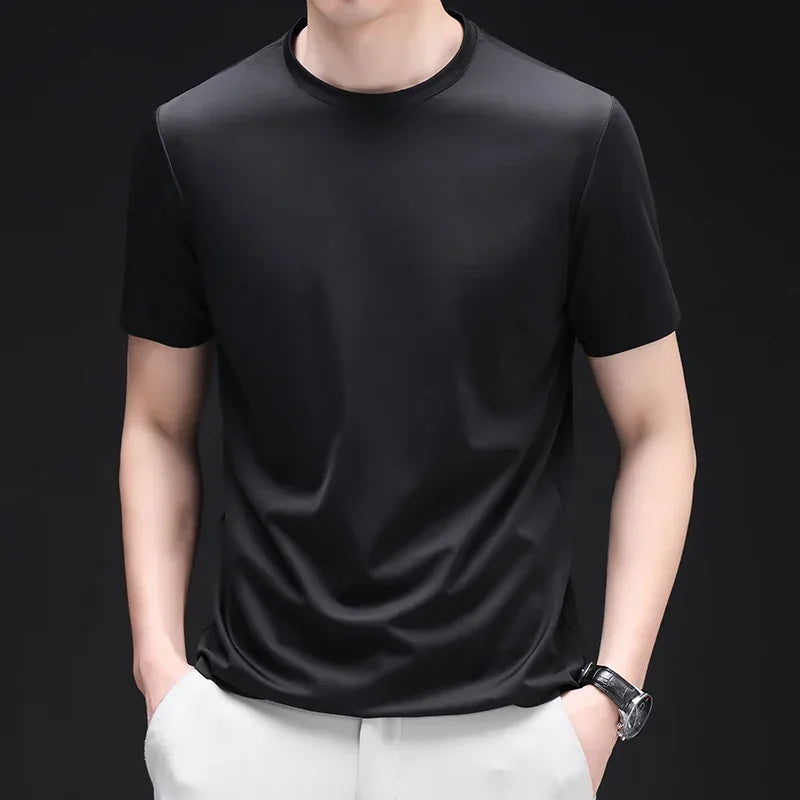 Summer High-End New Mulberry Silk Round Neck T-shirt Men's  Thin Pure Color Silk Short Sleeve Middle-Aged and Young Men Clothing
