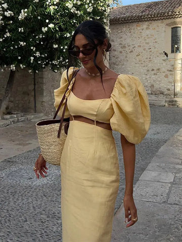 Hollow Square Neck Puff Sleeve Long Dresses Fashion Slim Fit Solid Color Women's Dress Lady Summer Casual Street Vestidos