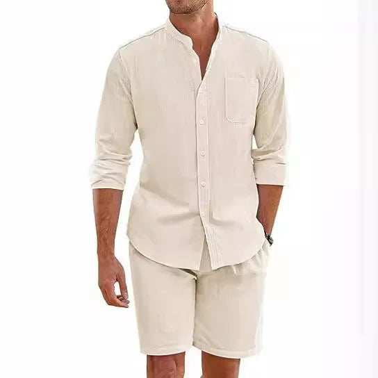 Men's Beach Casual Sky Blue White Black Sports Suit Linen Loose Long-sleeved Shirts Trousers Workwear Two-piece Male Outfit Sets